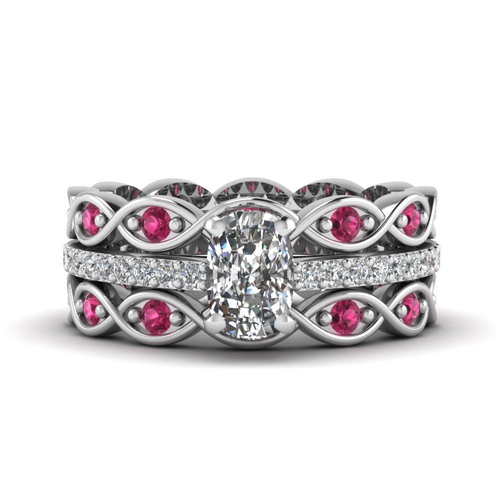Cushion Cut Infinity Band Diamond Ring Sets With Dark Pink Shire Cushion Cut Infinity Band Diamond Ring Sets With Dark Pink Shire In 18k White Gold Fd8047tcugsadrpiangle1