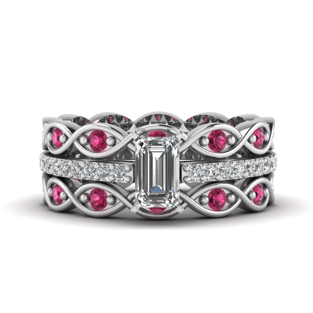Emerald Cut Infinity Band Diamond Ring Sets With Dark Pink Shire White Gold Emerald Cut Infinity Band